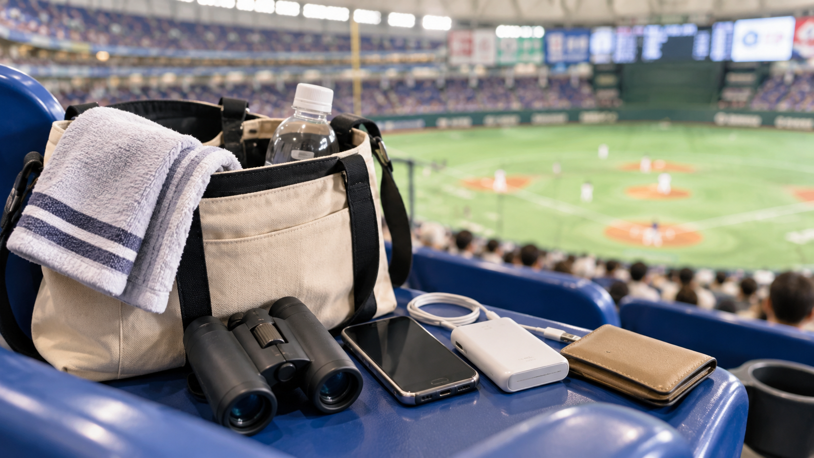東京ドームでの野球観戦に持っていくバッグ、双眼鏡、スマートフォン、モバイルバッテリー